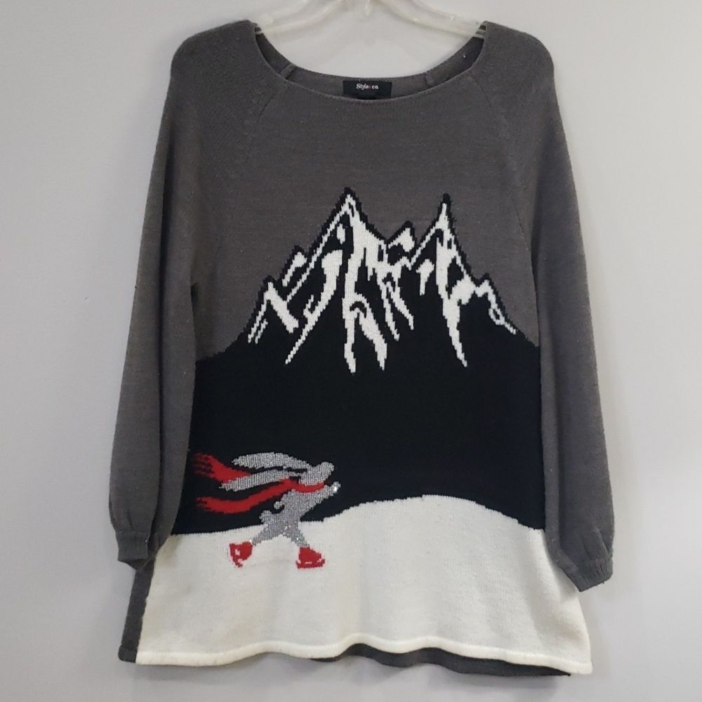 Style & Co Sweater Womens M Ice Skating Rabbit Mountain Graphic Tunic Holiday